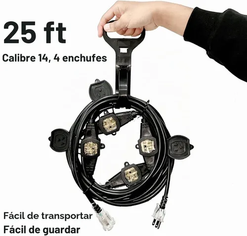 Vista 2 de Cable de extensión de alimentación de 25 pies, cable SJTW 5-15R de 3 clavijas, calibre 14, enchufe macho a conector hembra, 5 tomas, enchufe