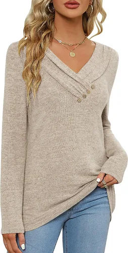 Vista 3 de FMEYOA Blusa casual de manga larga para mujer, para usar con leggings, cuello en V, con botones, estilo casual