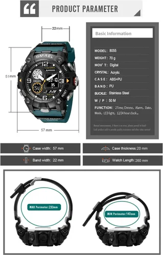 Vista 2 de KXAITO Relojes deportivos para hombre, impermeables, militares, con fecha, tácticas, LED, alarma facial, cronómetro, 8055, 8055 Verde Oscuro, Militar