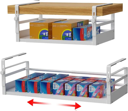 Vista 7 de AmonHouseware Paquete de 2 cestas organizadoras debajo del estante, almacenamiento ajustable debajo del gabinete, longitud del soporte colgante Negro