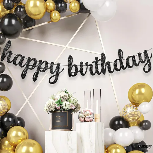 Vista 8 de Cartel cursivo negro de feliz cumpleaños – pre-encordado, 10 pies Decoraciones de feliz cumpleaños con purpurina para mujeres, hombres, niños
