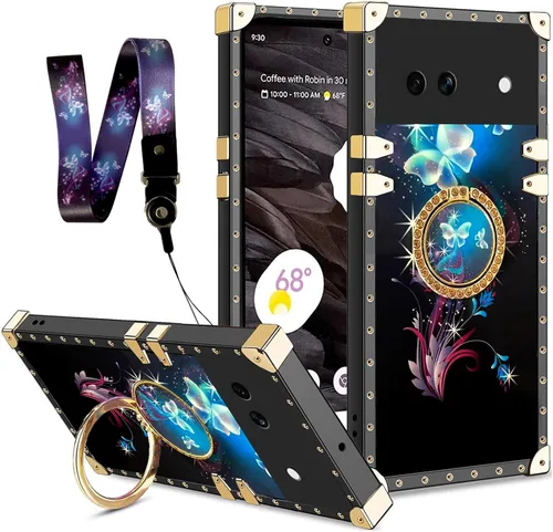 Vista 11 de nancheng Funda para Google Pixel 6 de lujo, diseño de abeja, corazón y abeja, chapado en oro, con anillo de diamante de 360°, correa de cordón