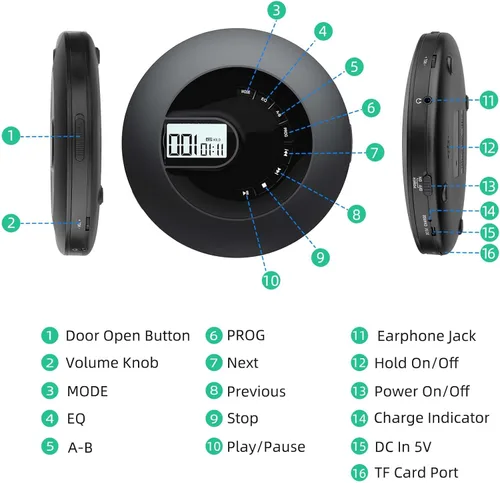 Vista 6 de Reproductor de CD portátil, reproductor de CD portátil recargable para coche y viajes, pequeño reproductor de CD con auriculares y antisaltos y a