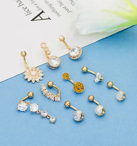 Vista 2 de REVOLIA 10 anillos de ombligo de acero inoxidable de 14 G para mujeres y niñas, anillos de ombligo invertido, circonita cúbica, piedra de mármol