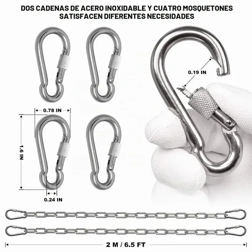 Vista 3 de Cadena de eslabones de acero inoxidable de 1/8 pulgadas, cadena de bobina de acero inoxidable 304 resistente con mosquetones, 2 cadenas de seguridad