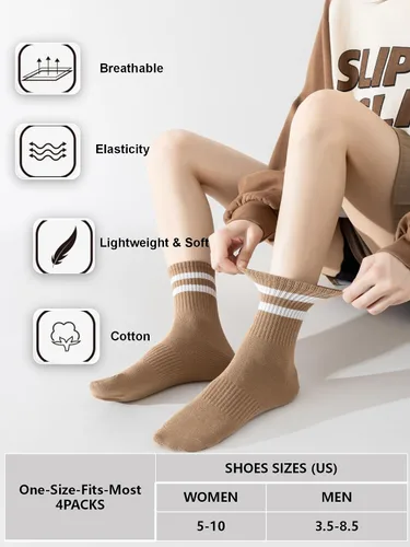 Vista 3 de YUWELL Calcetines crew a rayas para mujer, calcetines casuales de algodón cómodos para mujer, 4 pares, talla 5-10