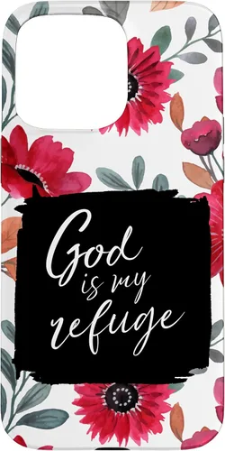 Vista 31 de God is My Refuge - Carcasa para iPhone 16, diseño de flores rojas con versículo bíblico del Salmo 91