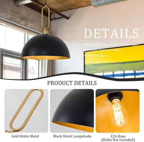 Vista 7 de Luces Colgantes de Cúpula de 15.75 Pulgadas, Luz de Metal Negro Dorado para Comedor, Accesorios de Iluminación de Candelabro Colgante Grande Moderno