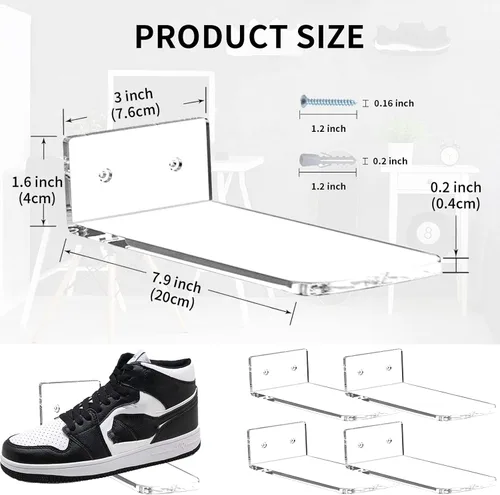 Vista 3 de Juego de 6 estantes flotantes de exhibición de zapatos para pared, estantes flotantes de acrílico transparente, estante de zapatos acrílico de 8 x 3
