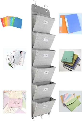Vista 2 de Organizador de archivos sobre la puerta – 6 bolsillos extra grandes para colgar en la pared, soporte de archivos de almacenamiento para revistas