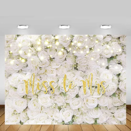 Vista 5 de MEHOFOND Telón de fondo de Miss to Mrs de 7 x 5 pies para despedida de soltera, decoración de pared floral blanca, boda, novia, compromiso