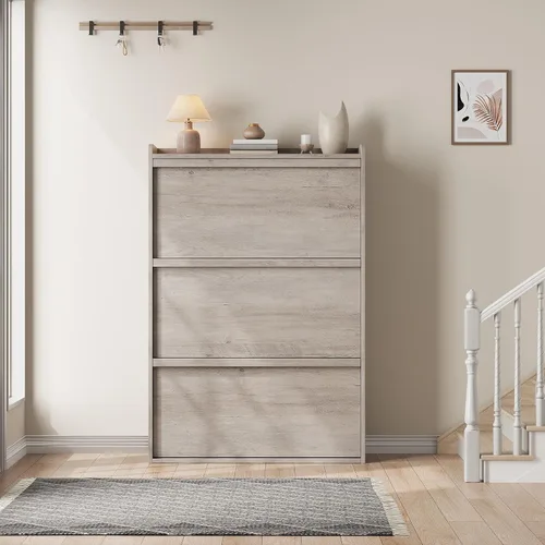 Vista 9 de IDEALHOUSE 2 zapateros con cajones abatibles, zapatero de madera con estante ajustable, organizador de zapatos independiente, almacenamiento oculto