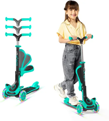 Vista 18 de Scooter de 3 ruedas para niños con asiento plegable, altura ajustable del manubrio, juguete de paseo inclinado para conducir para niños a partir