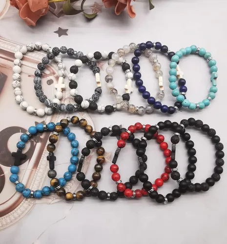 Vista 6 de Svovin 12 pulseras de cuentas cruzadas para hombres y mujeres de 0.315in, piedras curativas de ojo de tigre de lava, pulseras elásticas
