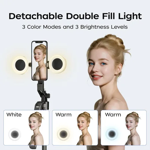 Vista 3 de Trípode para selfie de seguimiento automático de 70.9 pulgadas para iPhone y Android con luces, sin aplicación, trípode de rotación de 360° que