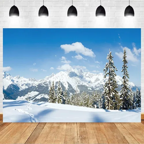 Vista 3 de Renaiss Telón de fondo de paisaje de nieve de invierno de 5 x 3 pies, montañas nevadas, pinos cubiertos de bosque, campo de nieve, paisaje natural