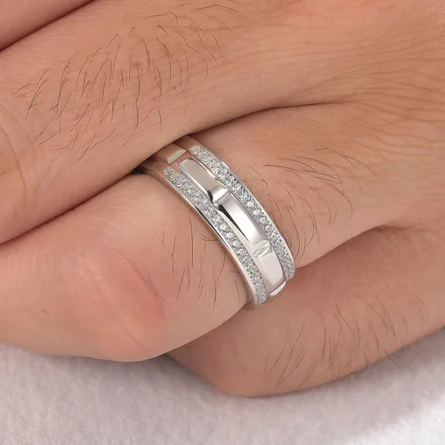 Vista 3 de Anillo de boda de oro blanco para hombre, plata de ley 925 con 13 circonitas cúbicas de corte redondo, anillo de compromiso para él, talla 7-14