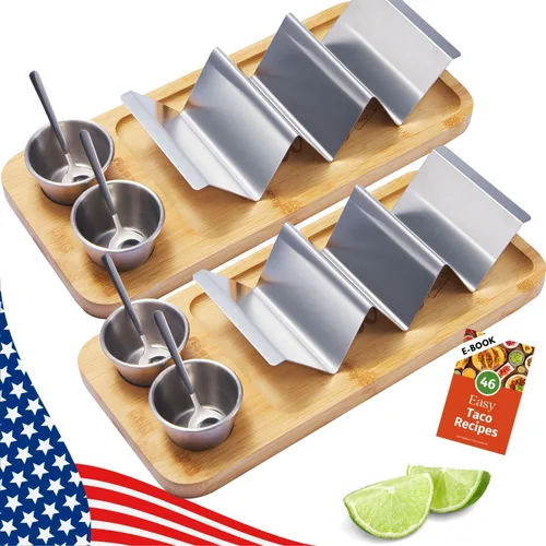 Vista 11 de Kit de Soportes para Tacos, Set 3-en-1 - Soporte para Concha de Taco + Bandeja de Servicio + Taza para Salsa, Plato de Presentación para Tacos