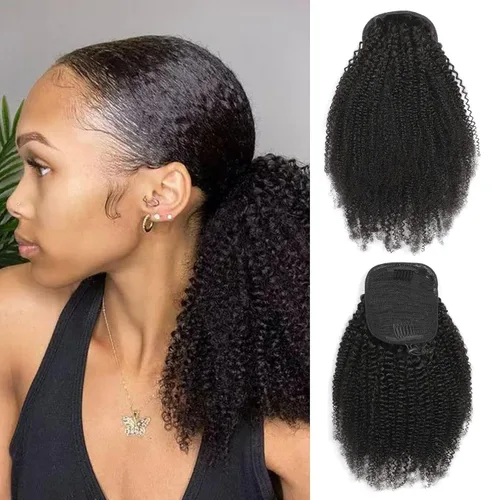 Vista 11 de Cola de Caballo con Cordón Afro Puff Cabello Humano Afro Rizado Crespo Cola de Caballo con Cordón 4C para Mujeres Negras Extensión de Cabello Humano