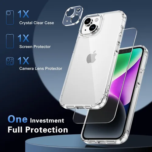 Vista 4 de Funda transparente para iPhone 13 con protector de pantalla y protector de lente Protección de grado militar 3 en 1, compatible con iPhone 13