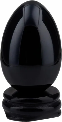 Vista 4 de SUNYIK Figura curativa de escultura de huevo de obsidiana negra con soporte de cristal, regalo del día de Pascua (1 x 1.6 pulgadas)