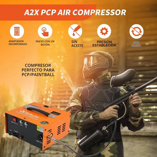 Vista 2 de TOAUTO A2X - Compresor de aire PCP mejorado, arranque con un botón, parada automática, portátil de 4500 Psi/30 Mpa, sin aceite/agua, compresor HPA