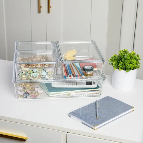 Vista 2 de Martha Stewart Brody - Contenedores organizadores de plástico con tapas para oficina en casa, cocina o baño, paquete de 4, 2 pequeños/1 mediano, 1