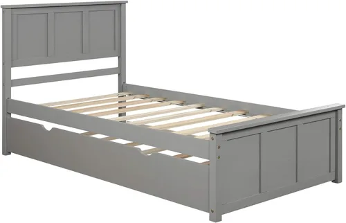 Vista 6 de Cama de plataforma individual con nido, marco de cama de madera con cabecero, no necesita somier, fácil montaje, gris