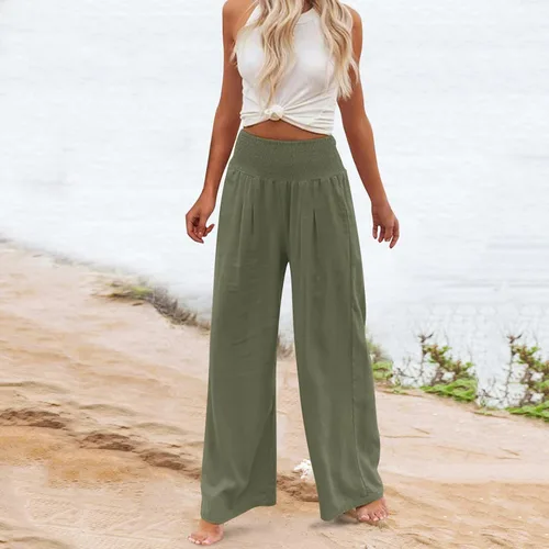 Vista 4 de SHAOBGE Pantalones palazzo de verano para mujer, cintura alta, pierna ancha, casual, cintura elástica, pantalones de playa con bolsillos