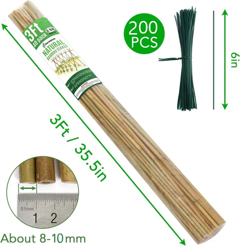 Vista 5 de SWANGSA Paquete de 40 estacas de bambú para plantas de 3 pies, palos de bambú para soporte de plantas, postes de jardín con 200 lazos giratorios
