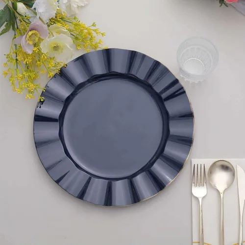 Vista 141 de Tableclothsfactory Paquete de 10 platos redondos de plástico negro de 6 pulgadas para ensalada de postre, platos desechables con borde ondulado