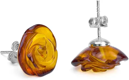 Vista 2 de Aretes originales de ámbar de plata esterlina con rosa plana tallada con broches