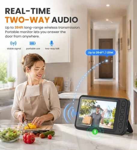 Vista 3 de TKMARS Timbre de puerta inalámbrico sin suscripción, timbre de video, intercomunicador en tiempo real, pantalla de 4.5 pulgadas, ángulo de visión