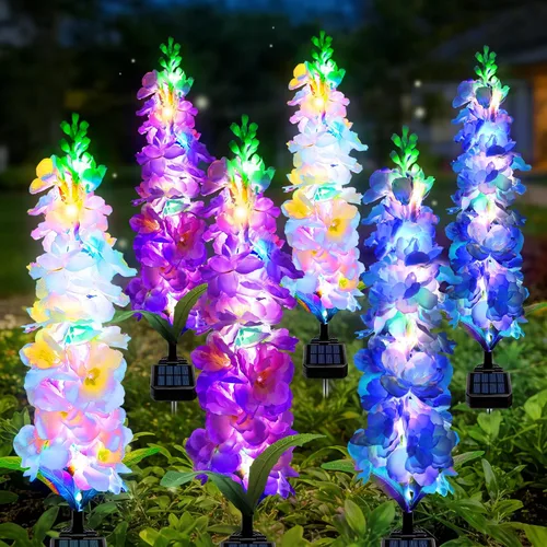 Vista 13 de MRHEPHAESTUS Luces solares de jardín, flores de delfinio 2 unidades 40 LEDs, luces impermeables para exteriores, dos modos de iluminación