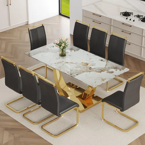 Vista 14 de Juego de mesa de comedor de mármol sintético para 6, mesas de comedor rectangulares para 6, mesa de cocina dorada y 6 sillas de piel sintética