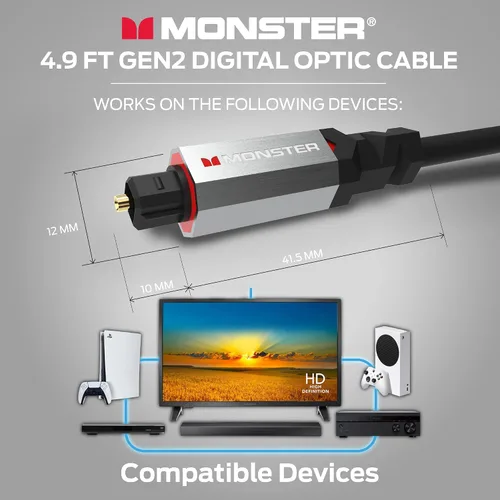 Vista 5 de Monster Gen2 Essentials - Cable de audio óptico digital (Toslink, SPDIF), cable de fibra óptica para TV, barra de sonido y sistema de cine en casa