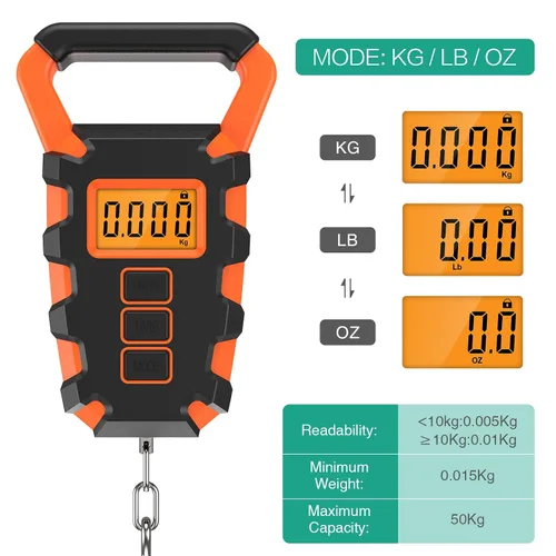 Vista 3 de ORIA Báscula digital de pesca con regla, báscula de gancho colgante postal de pesca, báscula de equipaje de 110 libras 110.2 lbs con cinta métrica