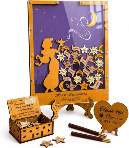 Vista 11 de Alternativa personalizada para libro de invitados de quinceañera, marco de madera rosa rubor, recuerdo de inscripción, princesa dulce 15 Mis