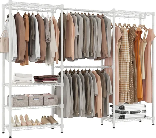 Vista 8 de BATHWA - Perchero de alta resistencia independiente para espacio de 68.9 a 90.2 pulgadas Expandable Clothing Storage, Adjustable 6 Shelves, 4
