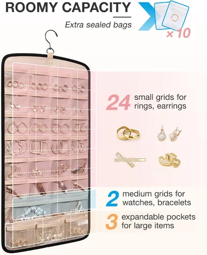 Vista 3 de BAGSMART Organizador de joyas colgante, soporte para collares, aretes antienredos, colgador de anillos con 10 bolsas de joyería, rollo