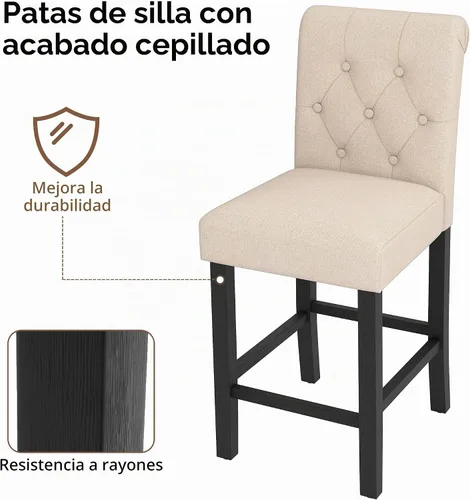 Vista 7 de LSSBOUGHT - Taburetes de barra, 24 pulgadas de altura tapizados con botones y patas de madera sólida, juego de 2 (Beige)