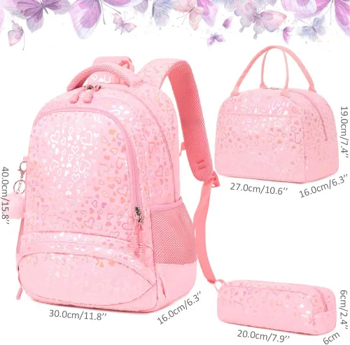 Vista 53 de Juego de mochila para niñas y adolescentes, mochila escolar para niños con bolsa para el almuerzo, estuche para lápices, mochilas escolares