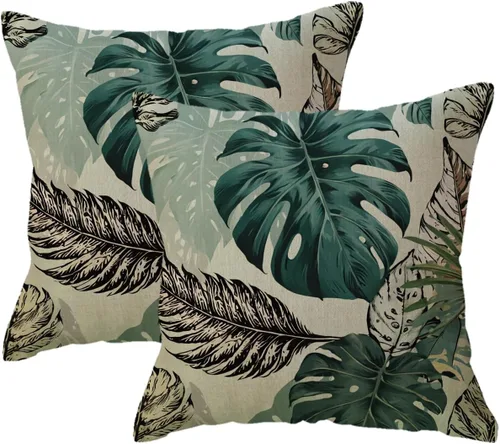 Vista 8 de Juego de 2 fundas de almohada de hojas de Monstera con diseño de hojas de palmera tropical, con temática botánica, fundas de almohada decorativas