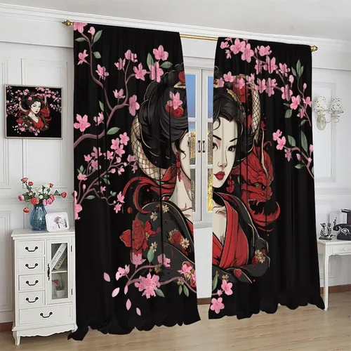 Vista 4 de Cortinas de geisha japonesas, flores rosas, ramas de árbol, sexy, glamour, para mujer, encantador, estética, oriental, con bolsillo para barra