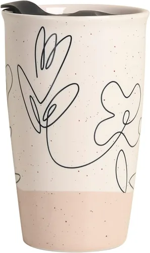 Vista 12 de ANTIS'S HOME Taza de Viaje de Cerámica con Tapa, Taza de Café Tumbler de Doble Pared Beige con Patrón de Flores, Taza Alta Reutilizable, Tapa