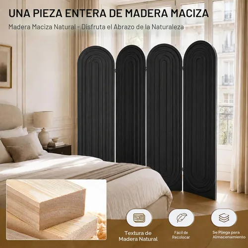 Vista 3 de Divisor de habitación y pantalla plegable de privacidad, 4 paneles de pared de madera arqueada, separadores para separación de habitaciones 4