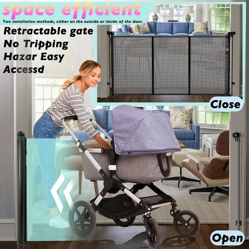 Vista 4 de Puertas retráctiles para bebés para escaleras, puerta de bebé de 55 pulgadas de ancho, puerta para perros, puerta retráctil para mascotas de 41 Negro