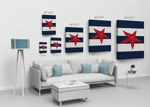 Vista 6 de Ilustración roja de estrellas de mar, fondo a rayas azul marino y blanco, decoración náutica, lienzo impreso en lienzo costero, decoración