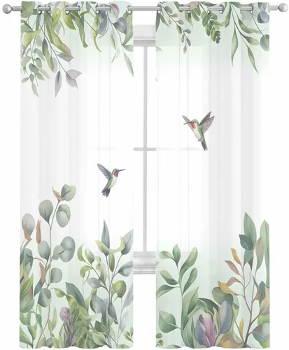 Vista 2 de Cortinas traslúcidas de eucalipto verde de 63 pulgadas de largo, juego de 2 paneles de cortinas para cocina, dormitorio, sala de estar, puerta