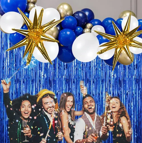 Vista 8 de Kit de arco de guirnalda de globos azul rey y dorado 156 piezas, globos azules, dorados, blancos con estrellas para boda, príncipe, baby shower
